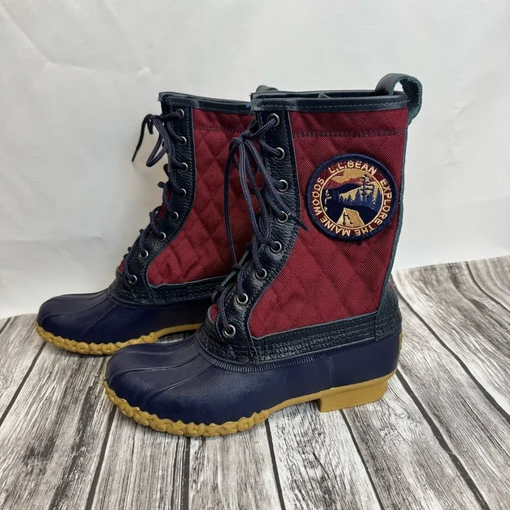 Women's LL Bean Explore the Maine Quilted Duck Boots 6 Navy Burgundy Tan